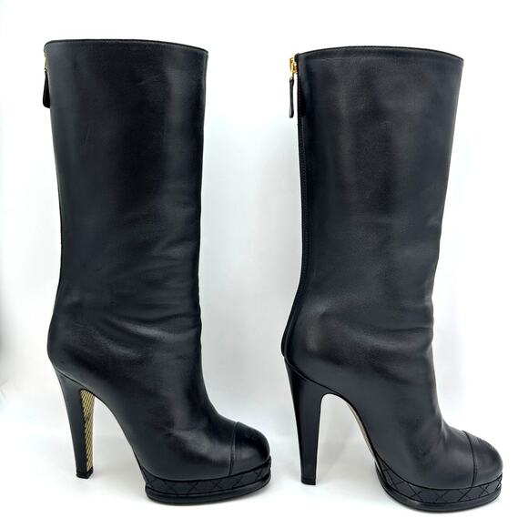 CHANEL Black Leather CC Cap Toe Quilter Platform Heel Boots IT 36 - Picture 10 of 15